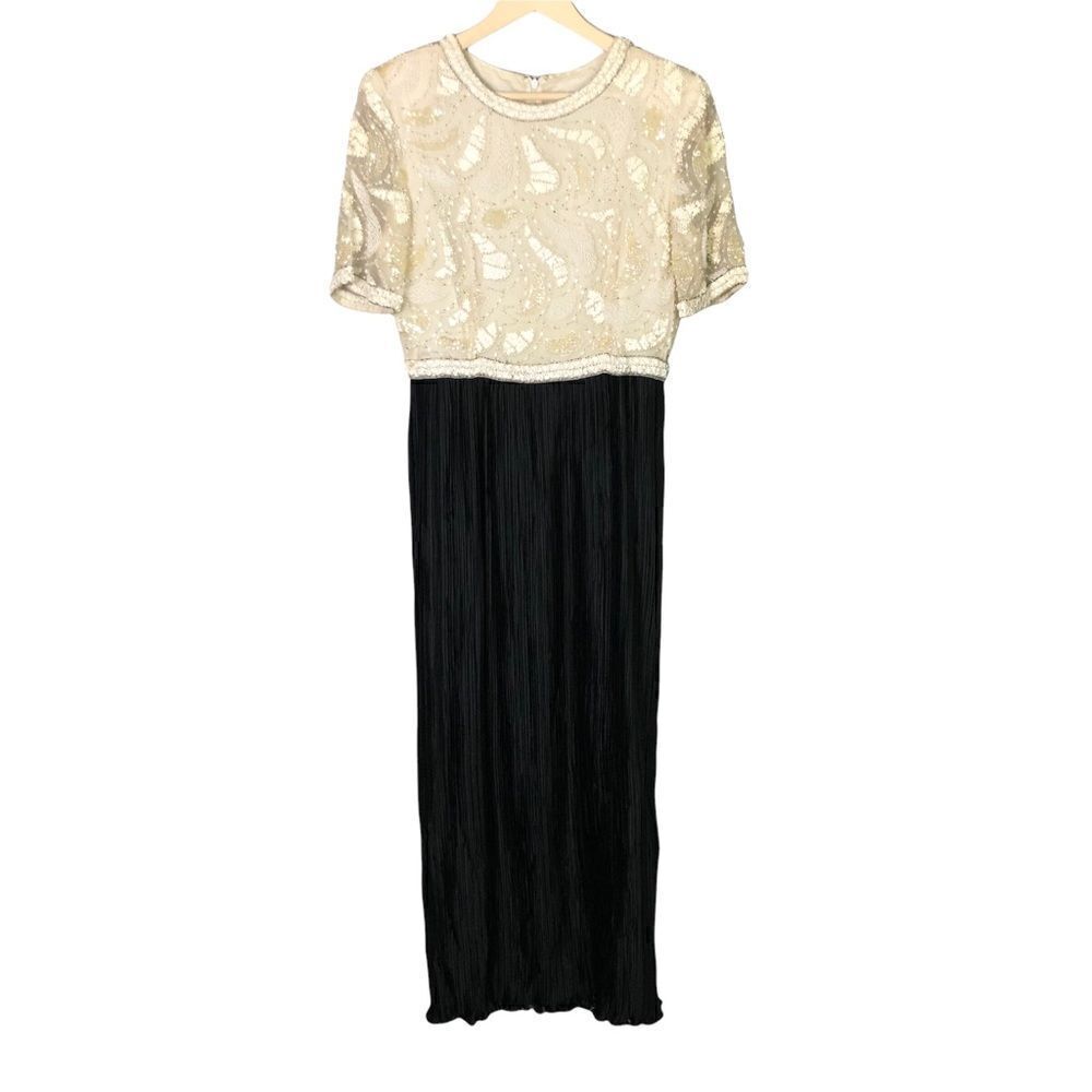Vintage Sequin Beaded Black & White Pleated Evening Gown